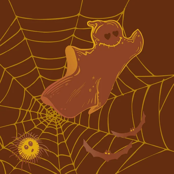 Imagen vectorial de un fantasma de Halloween y moscas voladoras sobre un fondo de telarañas y una araña en tonos marrón dorado. — Vector de stock