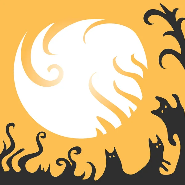 Концепция Хэллоуина Чёрными Призраками Белой Луной Жёлтом Фоне — стоковое фото