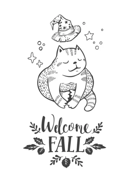 Tarjeta Otoño Bienvenida Con Gato Lindo Ilustración Vectorial — Vector de stock