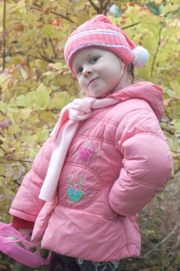 Beyaz Kuğu, LakeLittle 'ın üzerinde süzülüyor. Küçük kız sonbahar günü yapraklarla oynuyor.