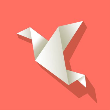 Bir mercan renk arka planda origami kağıt kuş beyaz