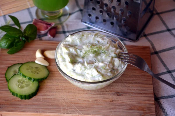 Tzatziki Salsa Ingredientes Pepino Ajo Alimento Ecológico Saludable — Foto de Stock