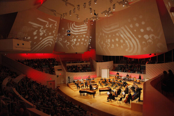 MIAMI, FLORIDA - JAN 20, 2018  The New World Symphony celebrates 7 years of creating audiovisual performances with projections on the concert hall sails