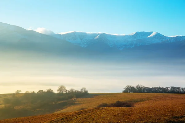 Un hermoso paisaje matutino con sol y niebla . —  Fotos de Stock