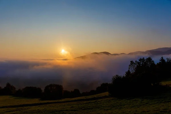 Çok güzel bir sabah yatay, güneş ışığı ve sis. — Stok fotoğraf
