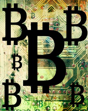 Bitcoin cryptocurrency kavramı, grafik kolaj etkisi Spotlar.