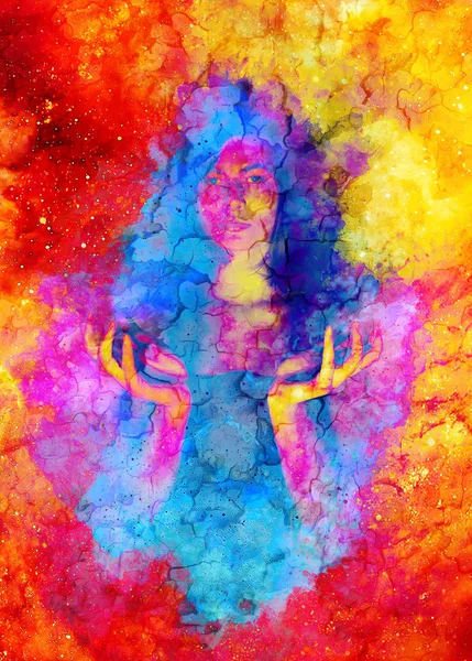 Beautiful mysterious girl in cosmic space and Softly blurred watercolor background. — Stock Photo, Image