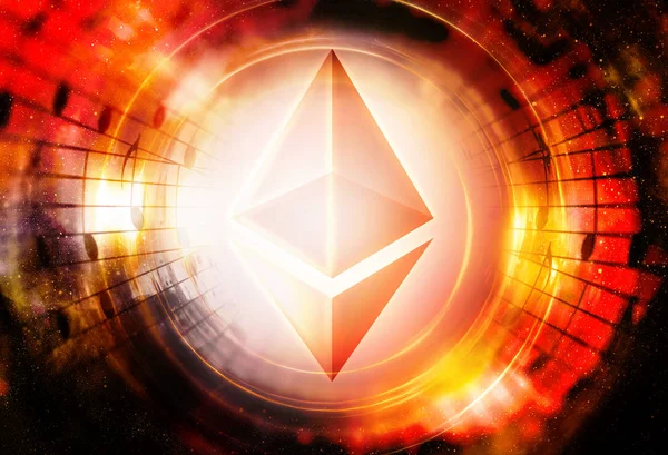 Konzept der Kryptowährung Ethereum, grafische Collage im kosmischen Raum. — Stockfoto