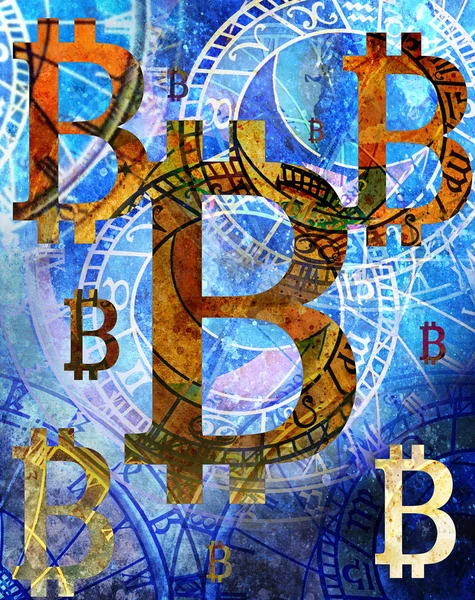 Bitcoin cryptocurrency concept and zodiac, graphic collage. — Stock Photo, Image