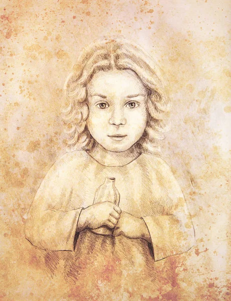 Hermoso dibujo de niño con botella en las manos. Efecto antiguo . — Foto de Stock