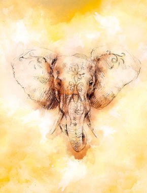 Çiçek süslemeli ve suluboya arka planda bulanık bir fil..