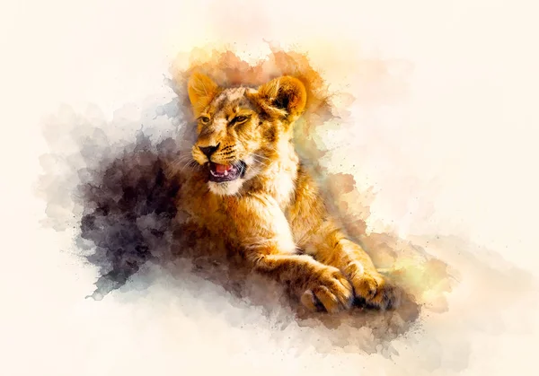 Cute lion and graphivc effect. Softly blurred watercolor background. — Stock Photo, Image