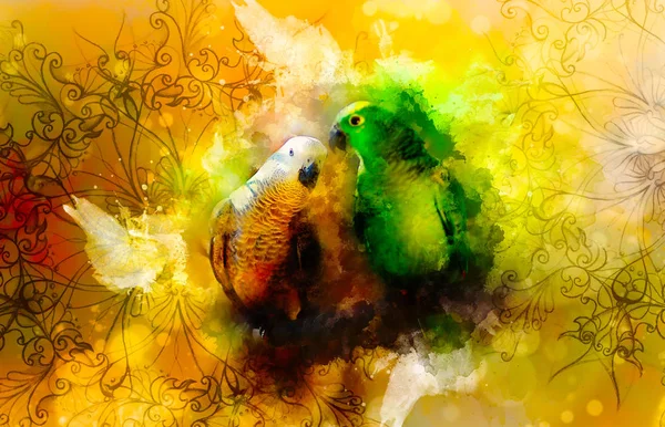 Zöld és fehér papagájok és dísz és halkan homályos akvarell háttér. — Stock Fotó