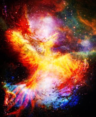 Yeniden doğuş ve kozmik uzayda yeni bir başlangıç sembolü olarak Phoenix kuş uçan.