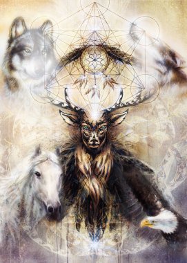 Kutsal süs geyik ruhu dream catcher simge ve tüyleri ve merkaba ile.