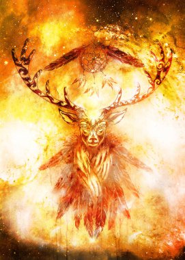 Kutsal süs geyik ruhu dream catcher simge ve kozmik uzay tüyler ile.