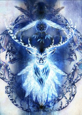 Kutsal süs geyik ruhu dream catcher simge ve tüyleri ile. Kış etkisi.