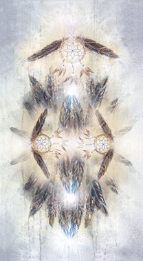 Rüya yakalayıcı, tüyler ve süs eşyaları, Hint maneviyat ile kolaj.