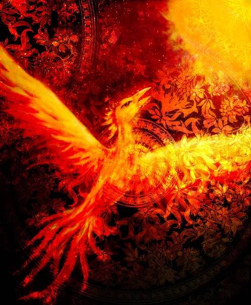 Flying phoenix bird as symbol of rebirth and new beginning and ancient ornament in background. — Stock Photo, Image