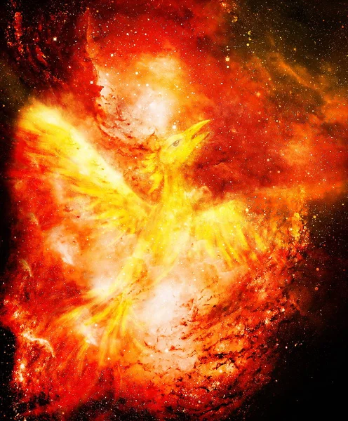 Vliegende phoenix bird als symbool van wedergeboorte en nieuw begin in kosmische ruimte. — Stockfoto