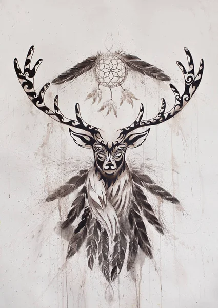 Ducha święte ozdobnych jelenia z dream catcher symbol i piór. — Zdjęcie stockowe