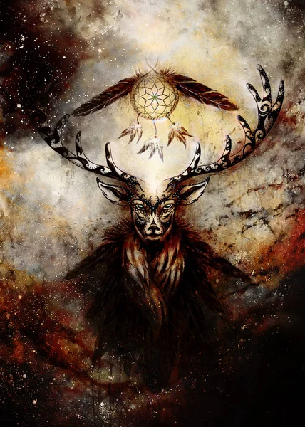 Sacred ornamental deer spirit with dream catcher symbol and feathers in cosmic space. — Stock Photo, Image