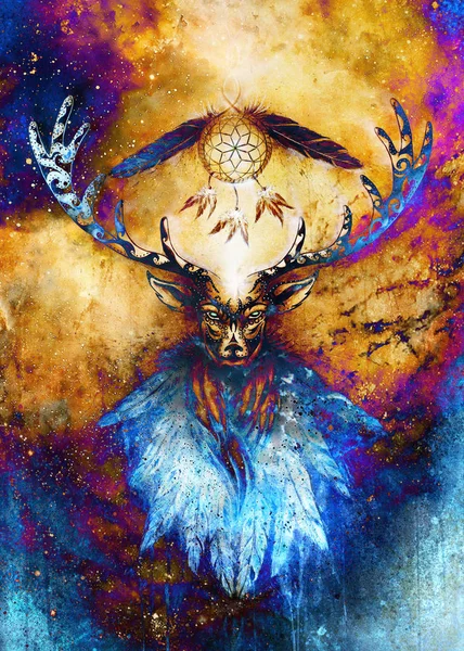 Espíritu de ciervo ornamental sagrado con símbolo atrapasueños y plumas en el espacio cósmico . —  Fotos de Stock