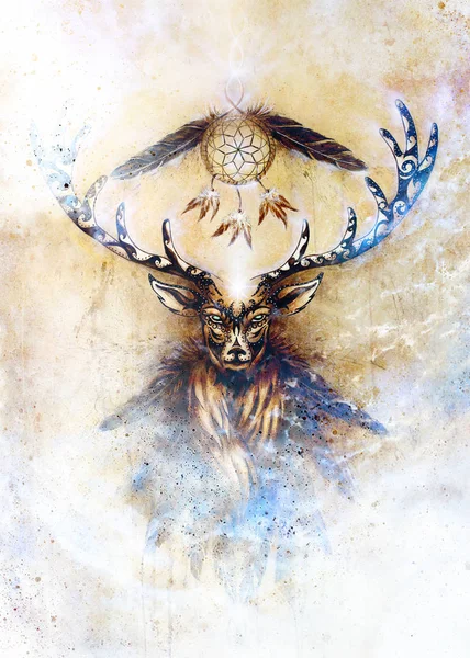 Espíritu de ciervo ornamental sagrado con símbolo atrapasueños y plumas en el espacio cósmico . —  Fotos de Stock