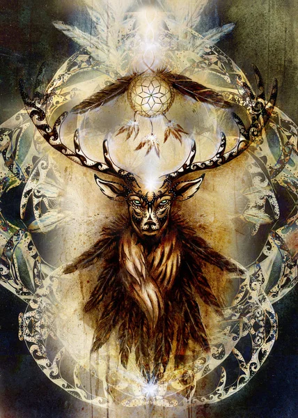 Священный орнаментальный дух оленя с символом ловца снов и перьями . — стоковое фото