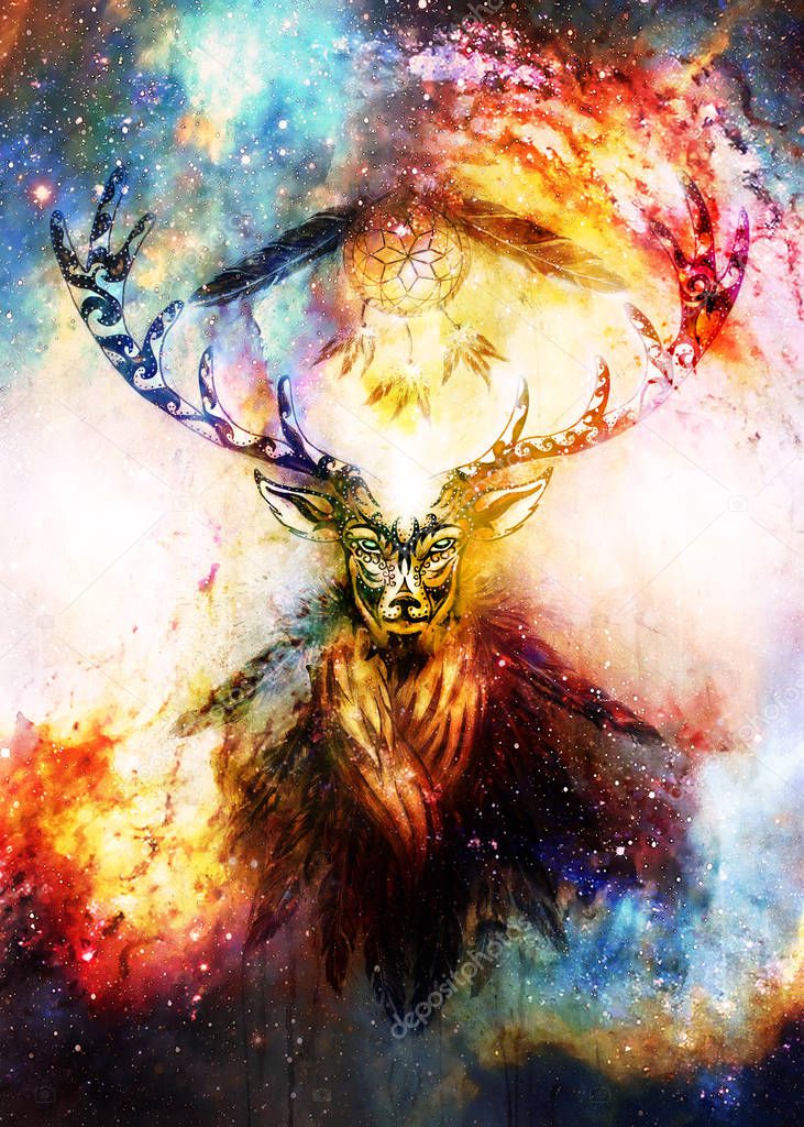 sacred ornamental deer spirit with dream catcher symbol and feathers in cosmic space.