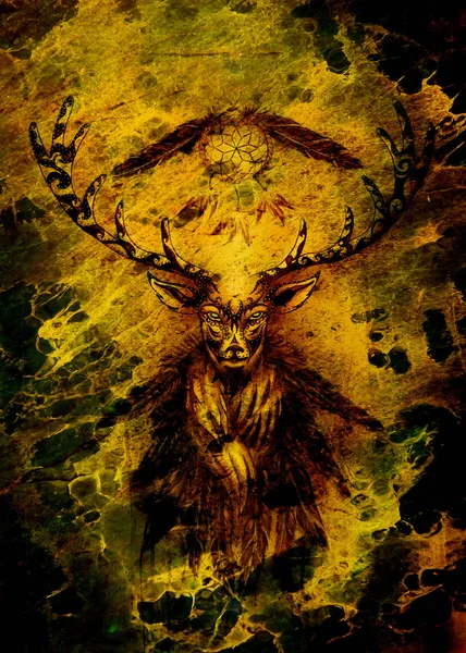 夢のキャッチャーのシンボルと羽を持つ神聖な装飾鹿精神. — ストック写真