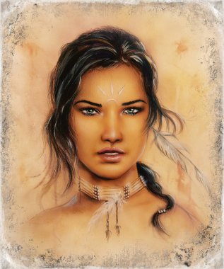 Güzel kuş ve çiçek, retro sepya arka plan ile bir genç Hintli kadın yüz portresi.