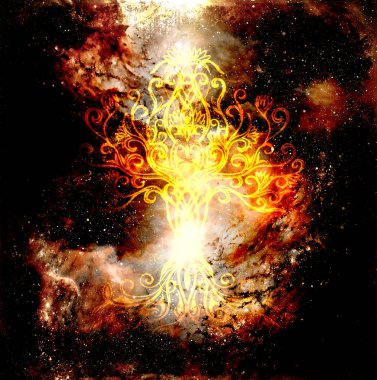 Yapılandırılmış ve uzay arka planında yaşam sembolü ağacı, yaşam deseni çiçeği, yggdrasil.