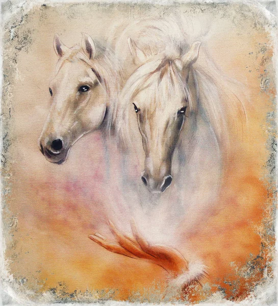 Painting two white horses, vintage abstract background.