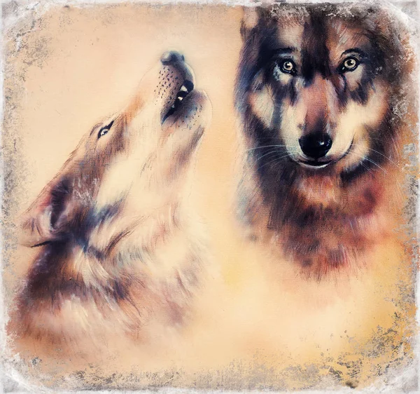 Ουρλιαχτό Wolfs airbrush ζωγραφική σε καμβά χρώματος φόντου μάτι επαφή. — Φωτογραφία Αρχείου