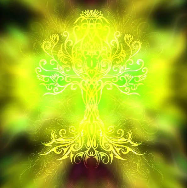 Tree of life symbol on structured ornamental background, flower of life pattern, yggdrasil. — Stock Photo, Image