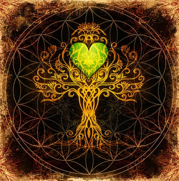 Tree of life symbol on structured ornamental background with heart shape, flower of life pattern, yggdrasil. — Stock Photo, Image