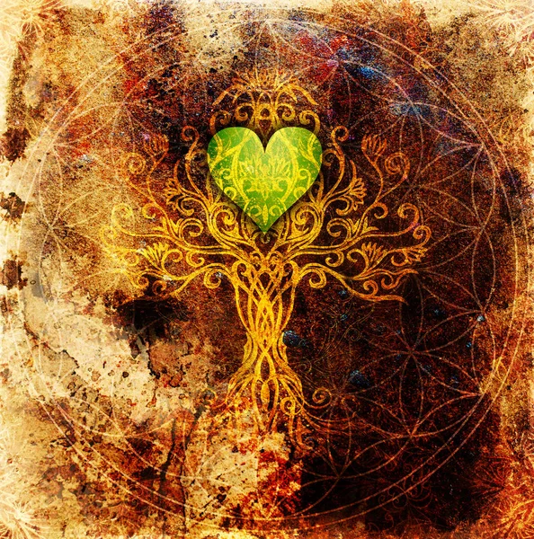 Tree of life symbol on structured ornamental background with heart shape, flower of life pattern, yggdrasil. — Stock Photo, Image