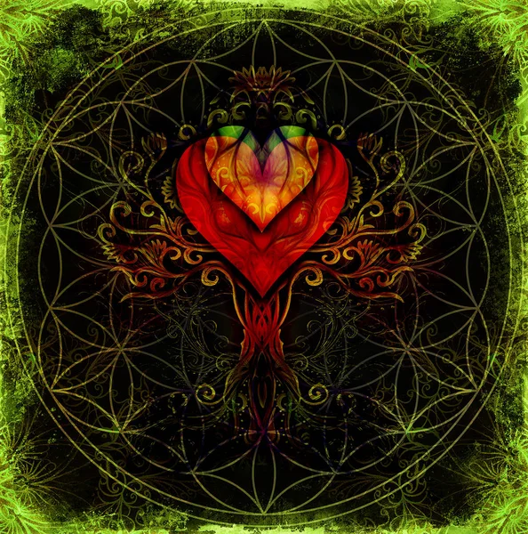 생명의 상징 나무, 구조화 된 장식적 배경에 심장 모양, 생명의 꽃, 이 그 드라 실. — 스톡 사진