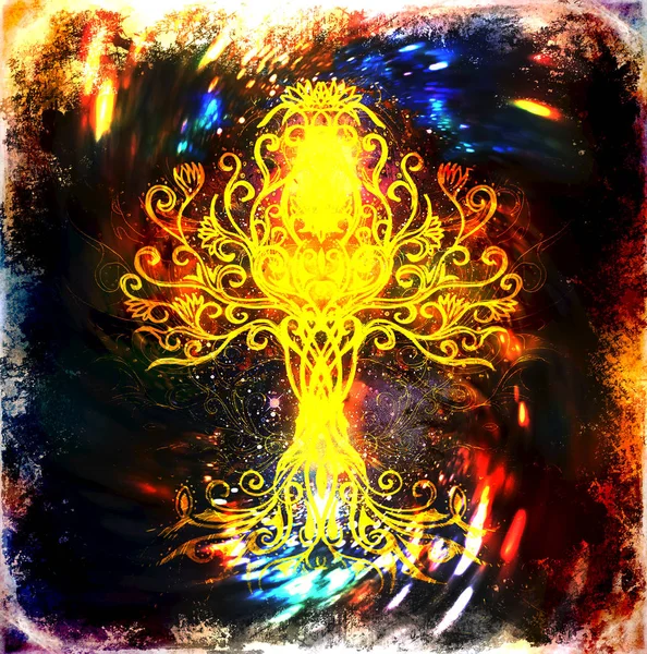 Baum des Lebens Symbol auf strukturierten ornamentalen Raum Hintergrund, Blume des Lebens Muster, yggdrasil. — Stockfoto