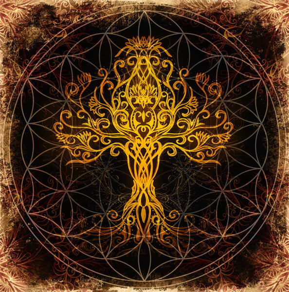 tree of life symbol on structured ornamental background, flower of life pattern, yggdrasil.