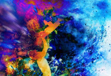 Baba ve grafik kolaj artalanda çalışır birlikte, çocuk silüeti.