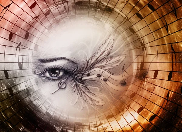 Zeichnung des weiblichen Auges mit Note und Federn. Hintergrund der Weltraumnotiz. — Stockfoto