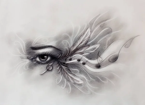 Drawing of female eye with note and feathers. — Stock Photo, Image