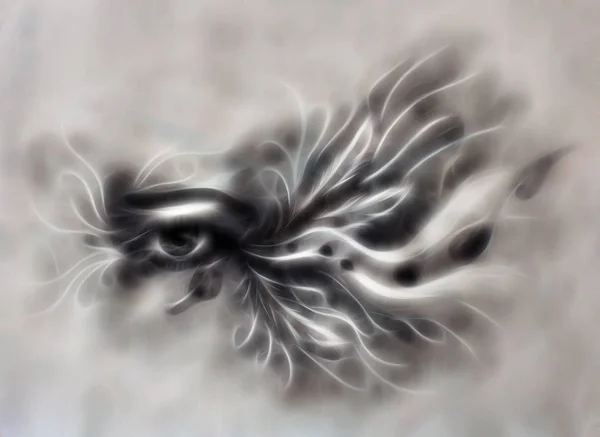 Zeichnung des weiblichen Auges mit Federn und Ornamenten. — Stockfoto