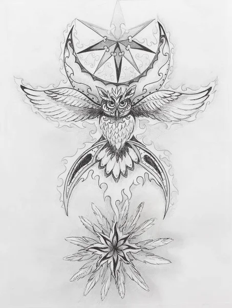 Dessin ornemental de l'esprit de hibou sacré avec symbole de lune et plumes. — Photo