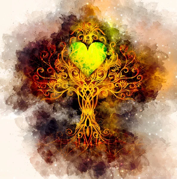 Дерево жизни символ на структурированном декоративном фоне с формой сердца, цветок жизни, иггдрасиль. — стоковое фото