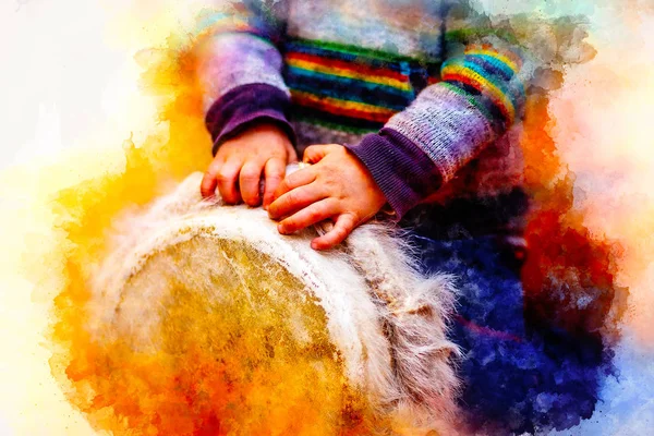 Child playing a djembe drum with natural goat fur features and softly blurred watercolor background. — Stock Photo, Image