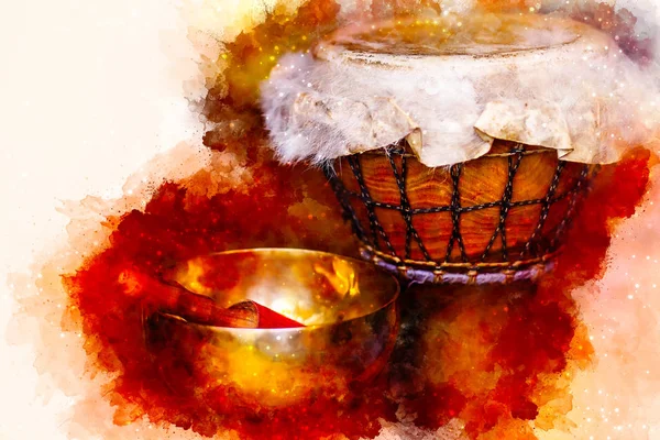 Beautiful djembe and tibetian bowl and softly blurred watercolor background. — Zdjęcie stockowe