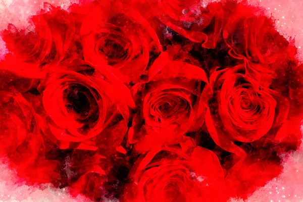 背景红玫瑰和柔和模糊的水彩画背景. — 图库照片